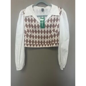 SHEIN EZwear Women's Long Sleeve Argyle Cropped Collared Shirt 1XL Brown White